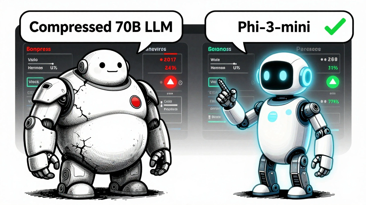 Two AI assistants side by side: one damaged and compressed, the other sleek and efficient, comparing performance.