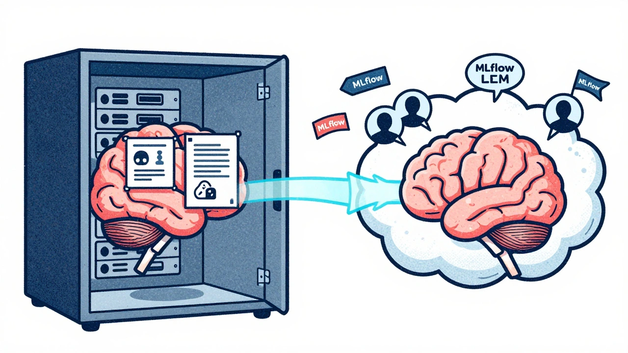 Two AI brains synced by data stream, one training on internal docs, the other on anonymized user data, with model version labels.