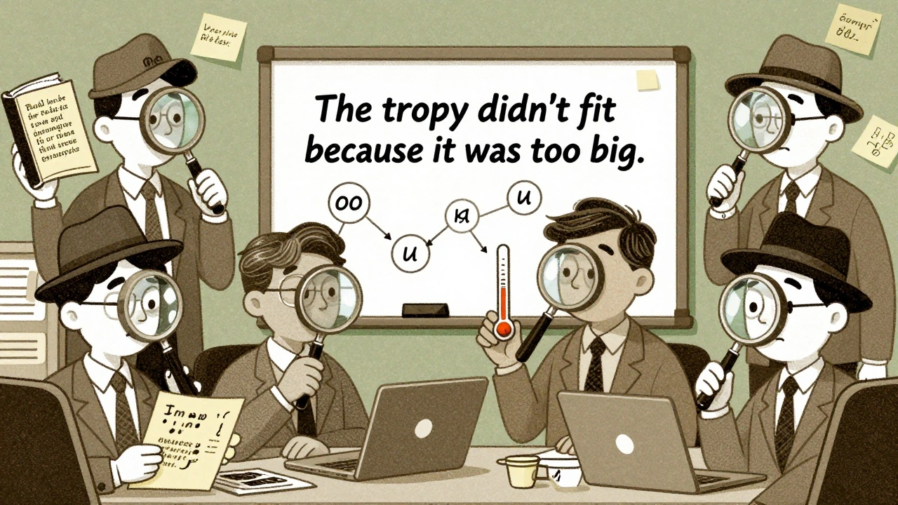 A detective agency with specialized analysts examining a sentence about a trophy and suitcase, using symbols and sticky notes to track references.