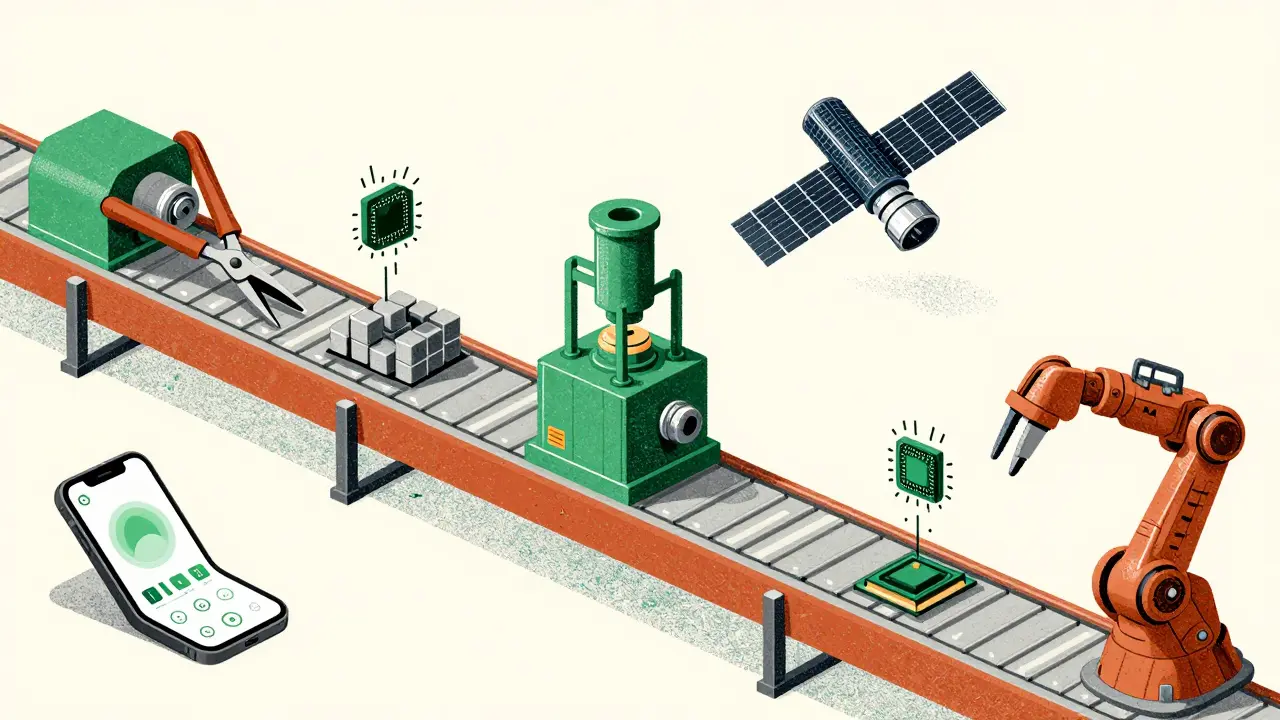 A factory conveyor compresses an LLM through pruning, quantization, and distillation into a tiny chip.