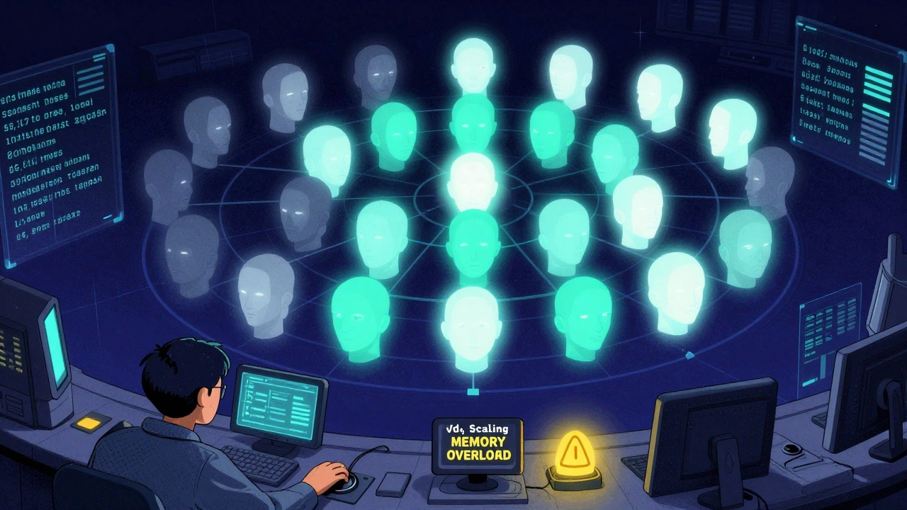 A futuristic AI control room with 32 glowing attention heads, some dimmed, as an engineer adjusts scaling settings and a memory warning flashes.