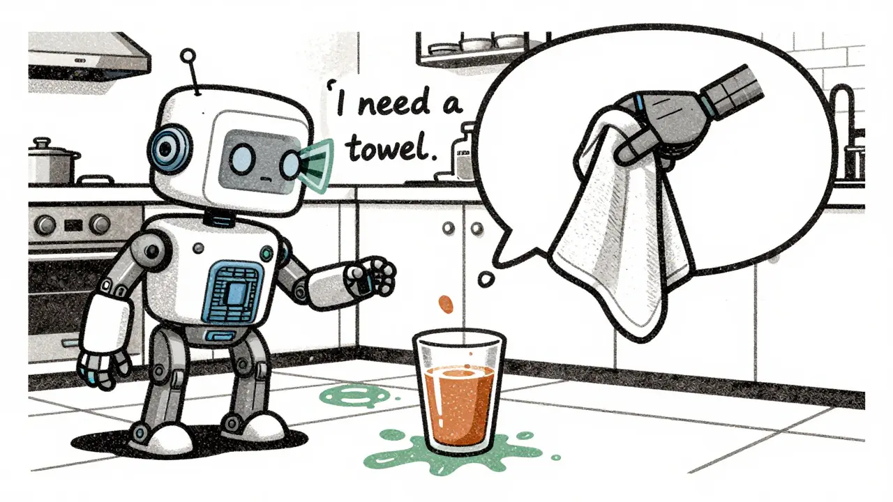 A robot sensing a spill through sight, sound, and touch to fetch a towel.