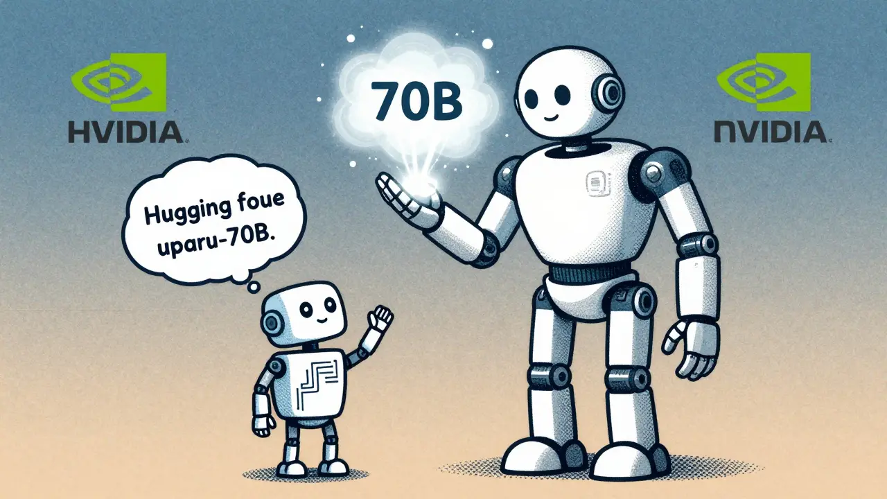 A small robot learns from a giant robot by absorbing glowing probability clouds.