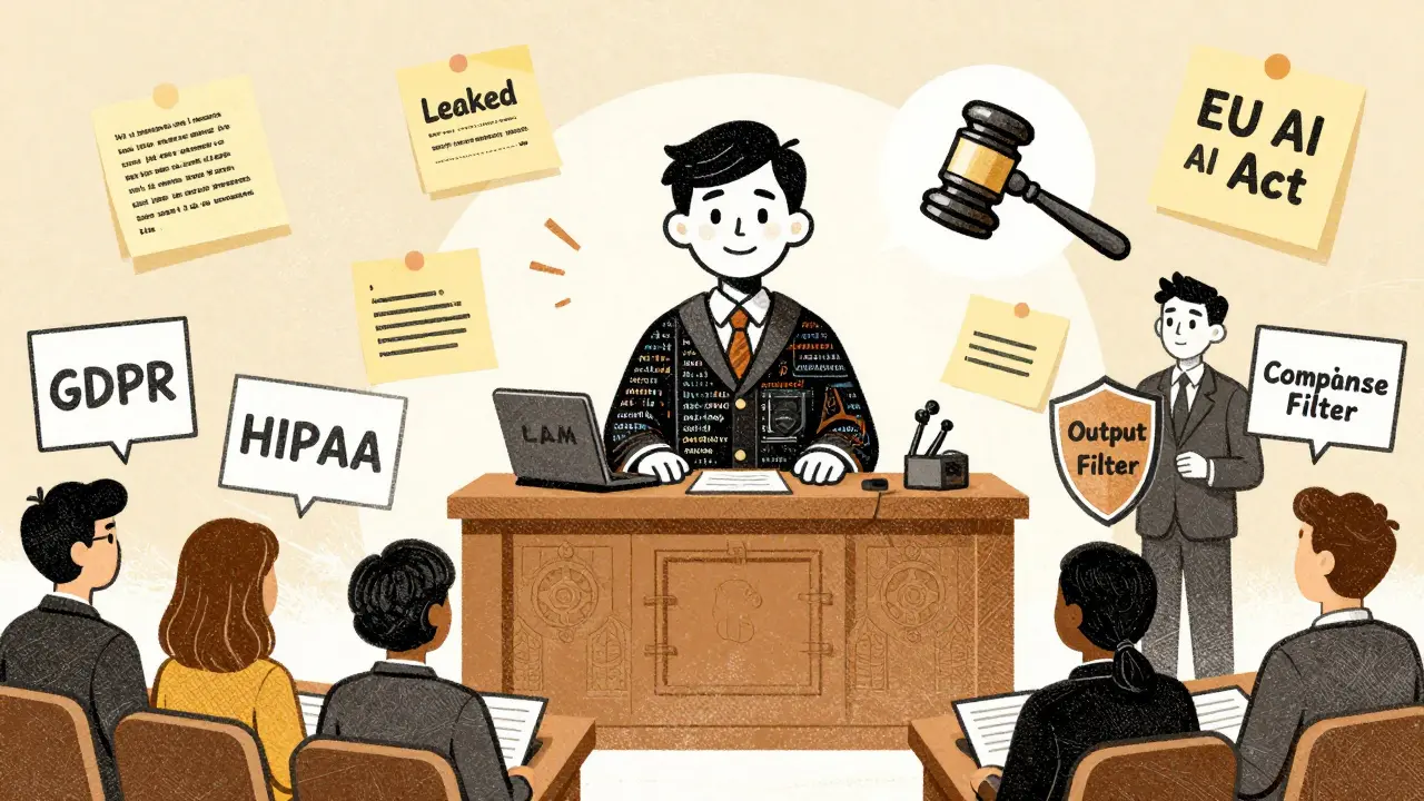 AI chatbot on trial in a courtroom with legal symbols and output filter shield, in risograph aesthetic.