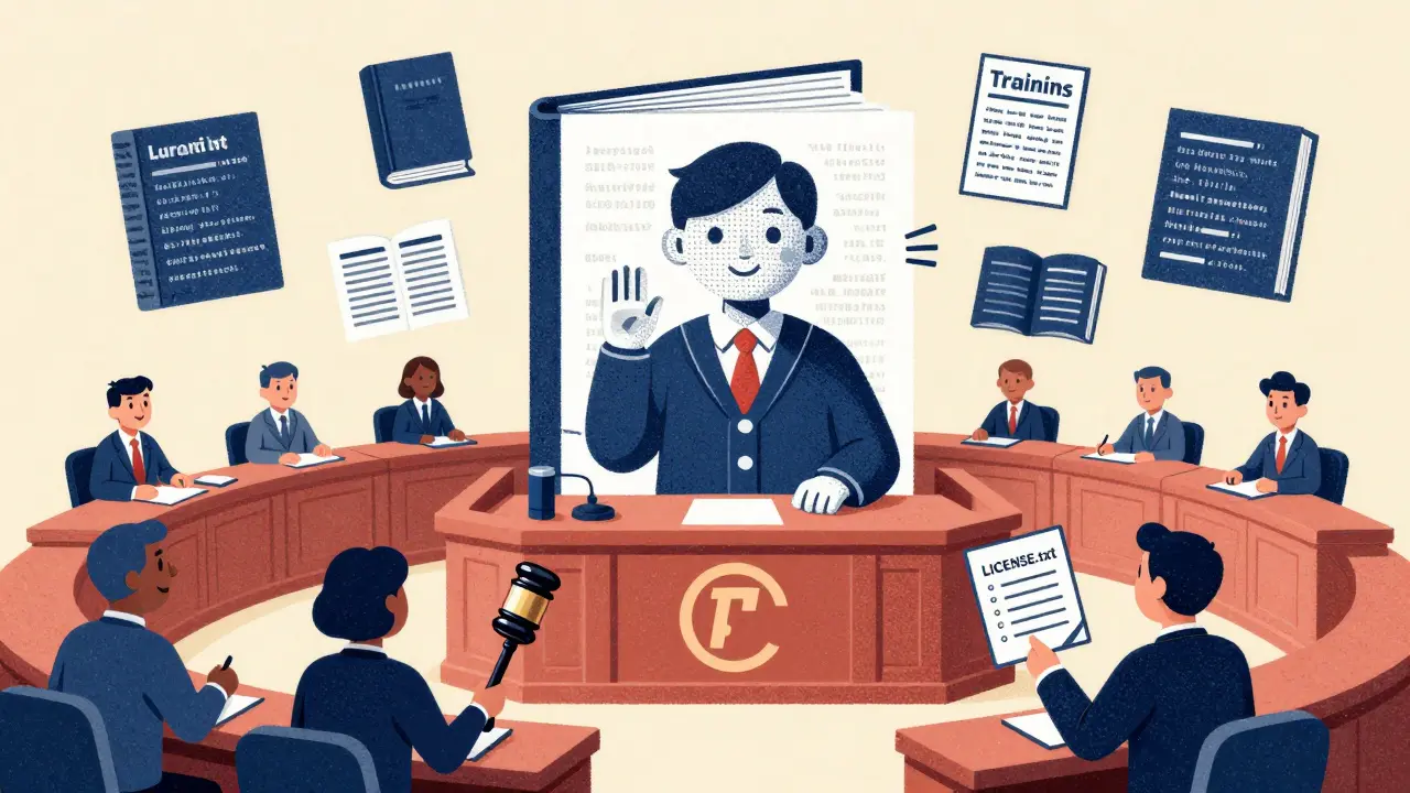 AI model on trial in court, surrounded by copyrighted training data fragments, judged by a robe made of license texts.