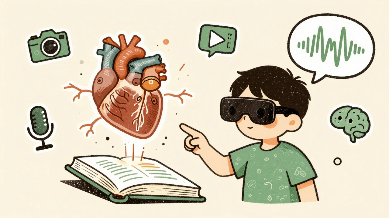 Child using AR glasses to see animated anatomy diagrams from a book, with AI avatar and modal icons in risograph tones.