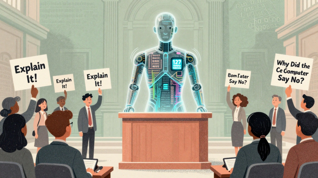 Citizens demanding explanation from a transparent LLM model with safety metrics badge in risograph style.