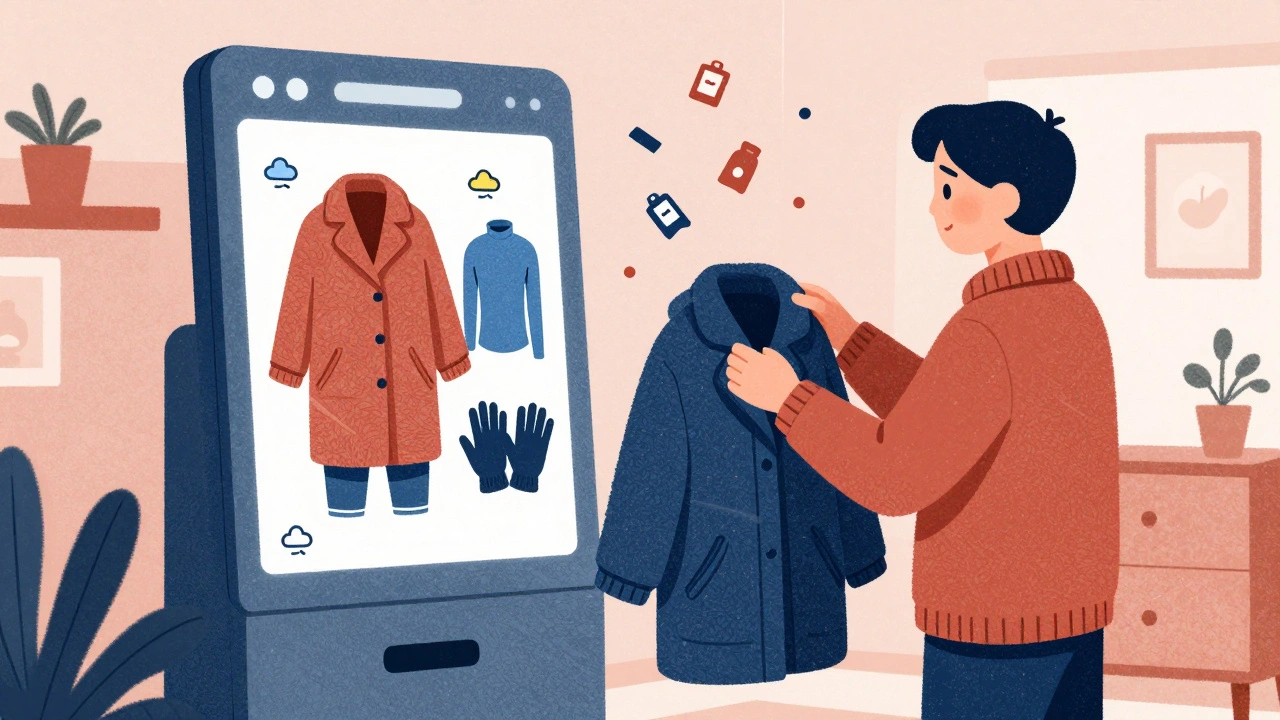 Customer receiving personalized winter gear suggestions from an AI kiosk in textured paper-cut style.