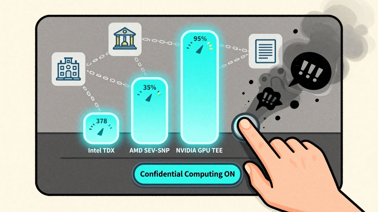 Dashboard comparing TEE platforms with NVIDIA leading, surrounded by healthcare and finance icons, as a hand flips the confidentiality switch.