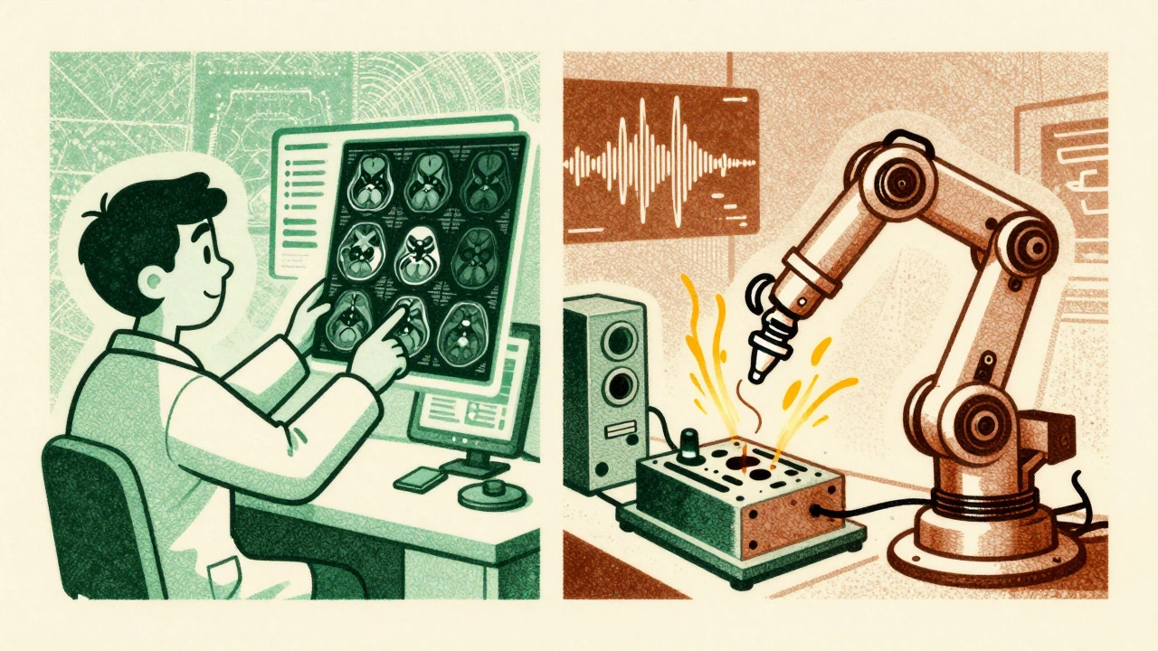 Doctor viewing an MRI with AI overlay and robot inspecting machinery using audio and thermal data in risograph art.