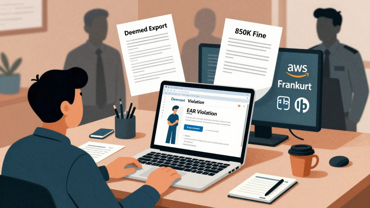 Engineer in Germany accessing restricted code, legal warnings floating around their laptop.