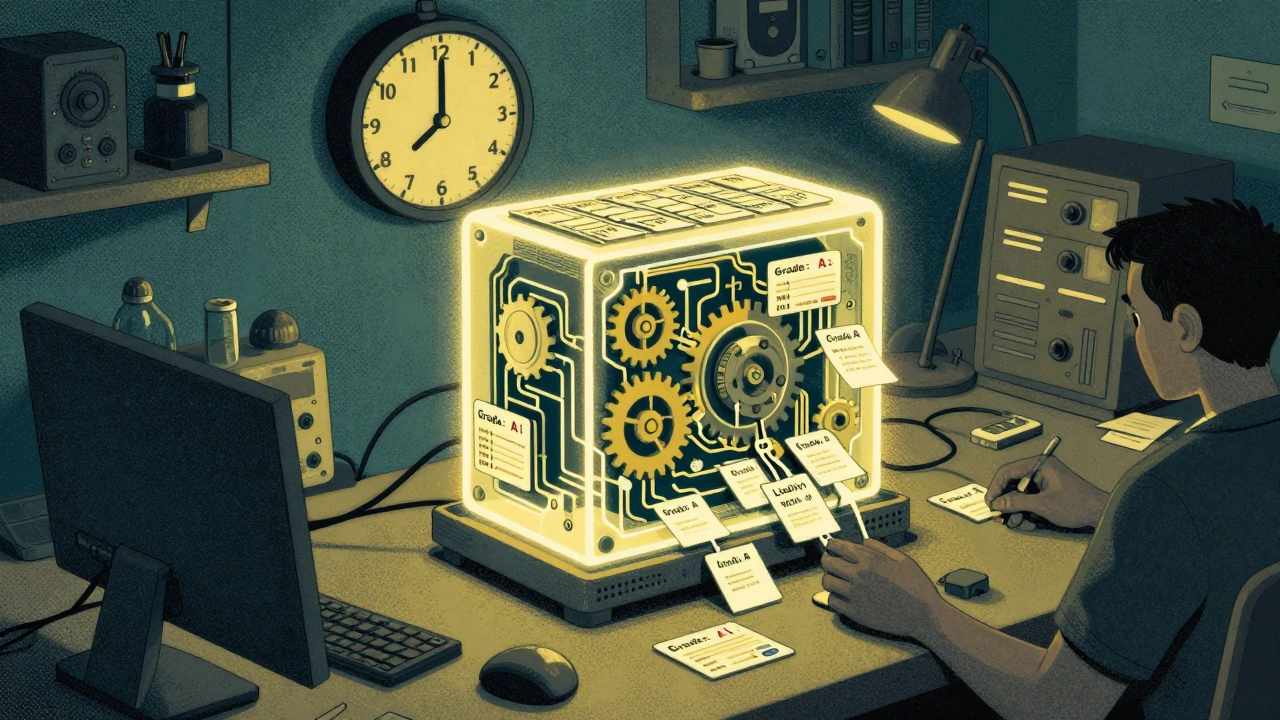 Engineering workstation with a glowing AI model processing hundreds of labeled data cards inside spinning gears.