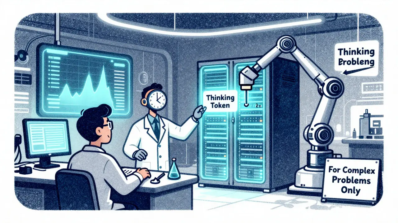 Engineers monitor a dashboard tracking token latency spikes as a robot delivers a thinking token to a server, with a warning sign in the background.