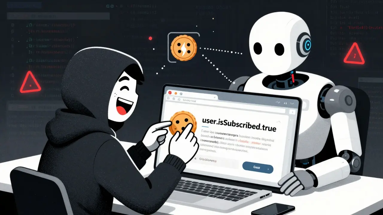 Hacker changing a cookie to bypass subscription checks while an oblivious AI writes more code.