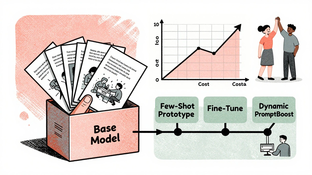 Hybrid AI workflow diagram showing few-shot examples feeding into a fine-tuned model with rising accuracy graph.
