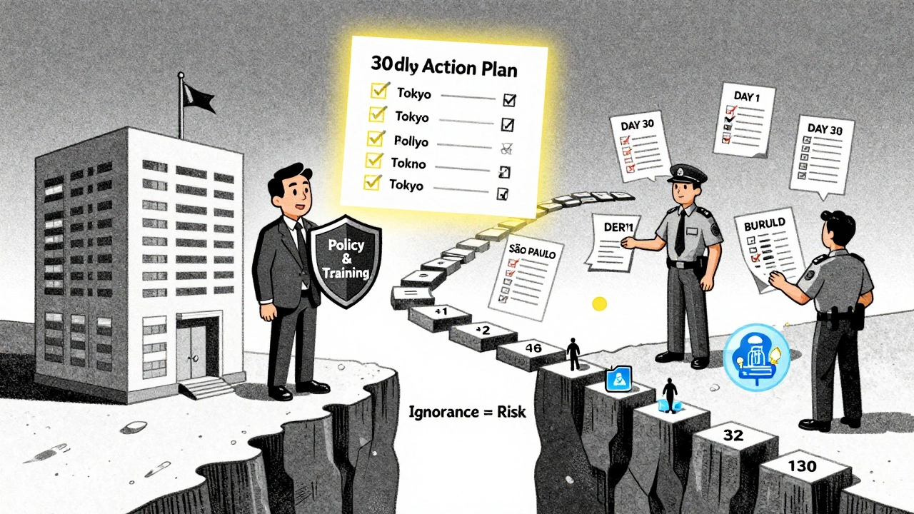 Hybrid compliance system with centralized policy and regional teams navigating a 30-day action plan.