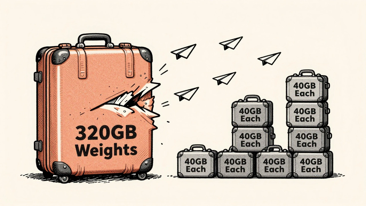 One bursting GPU suitcase compared to eight smaller ones representing model splitting, in risograph illustration.