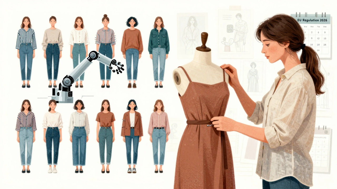 Robotic AI try-ons contrasted with human stylist adjusting clothing, marked with small watermark.