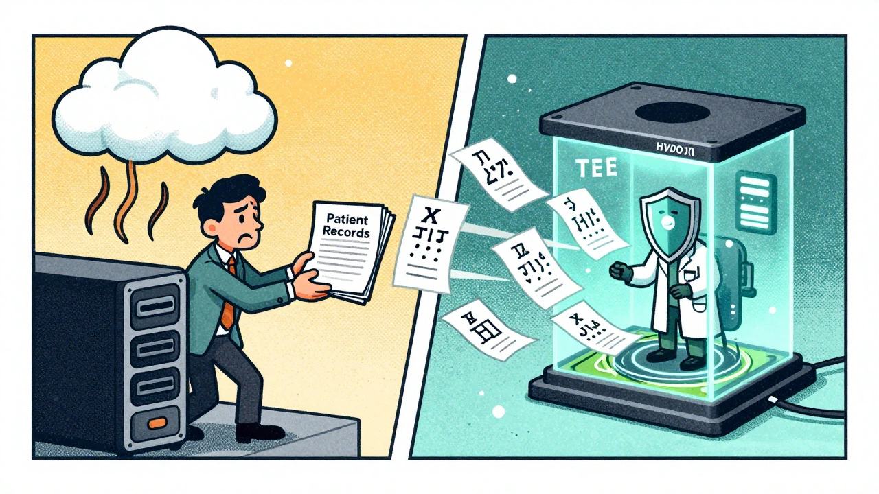 Split illustration: left shows data being stolen by cloud tentacles, right shows encrypted records safely processed inside a NVIDIA GPU shield.