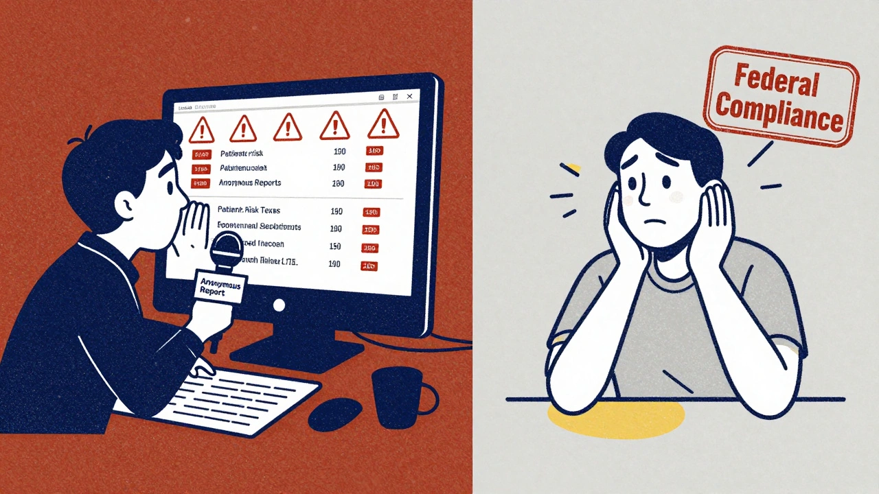 Split scene: California whistleblower reporting AI bias vs. Texas worker with minimal federal compliance in risograph style.