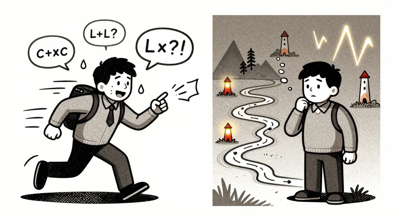 Split scene: one side shows a rushed LLM giving a wrong answer, the other shows a paused LLM with glowing logic steps illuminated by thinking tokens.