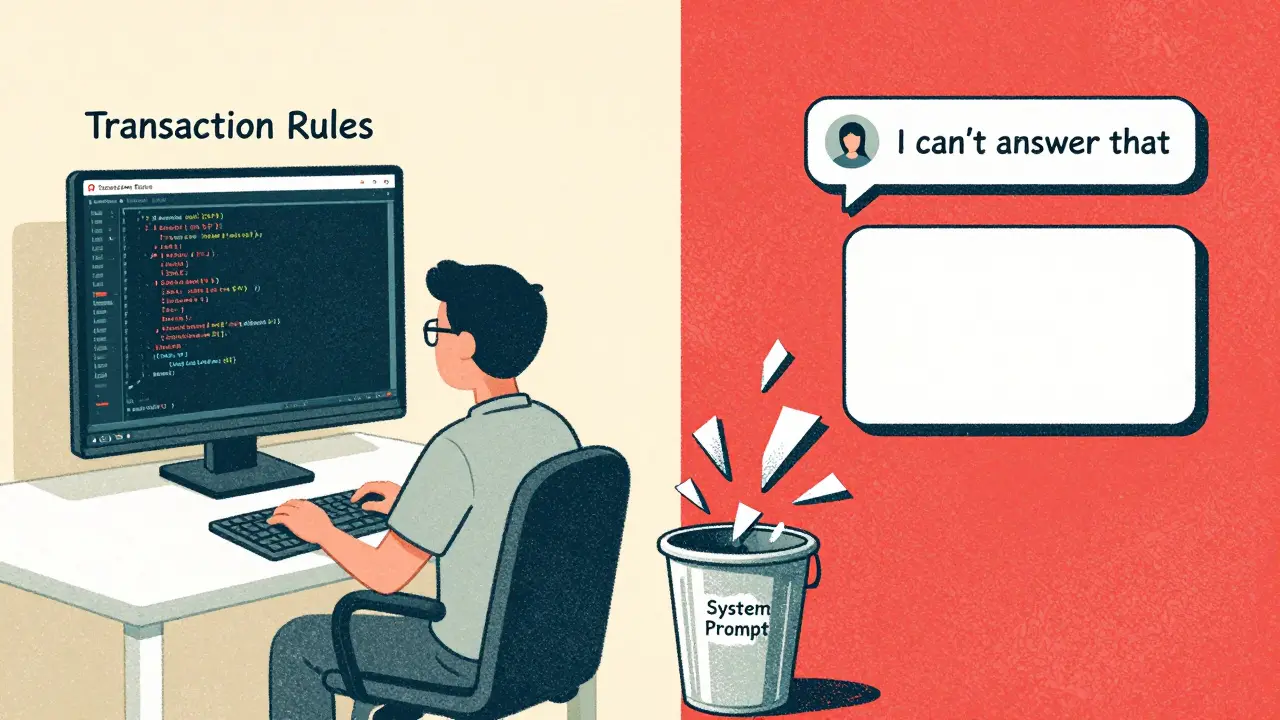 Split-screen: developer securing rules in backend while chatbot refuses to answer, separated by a red wall.