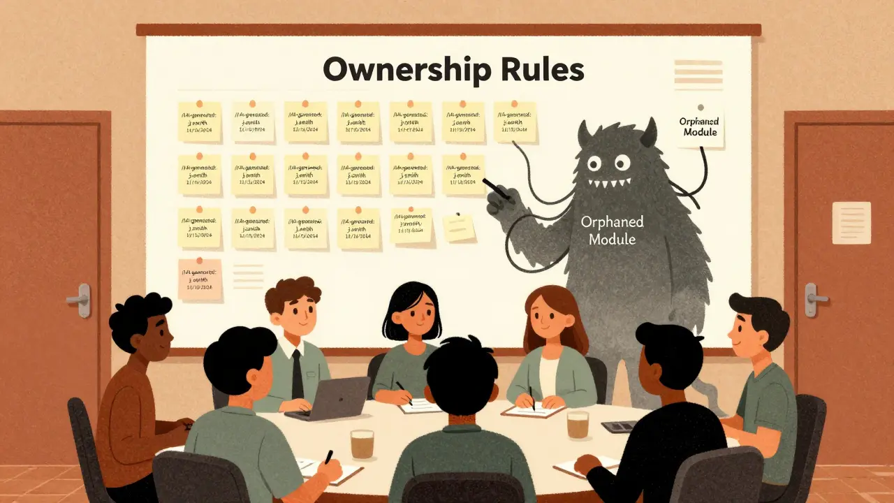 Team pinning ownership labels on a wall chart while a shadowy orphaned module monster looms behind them.