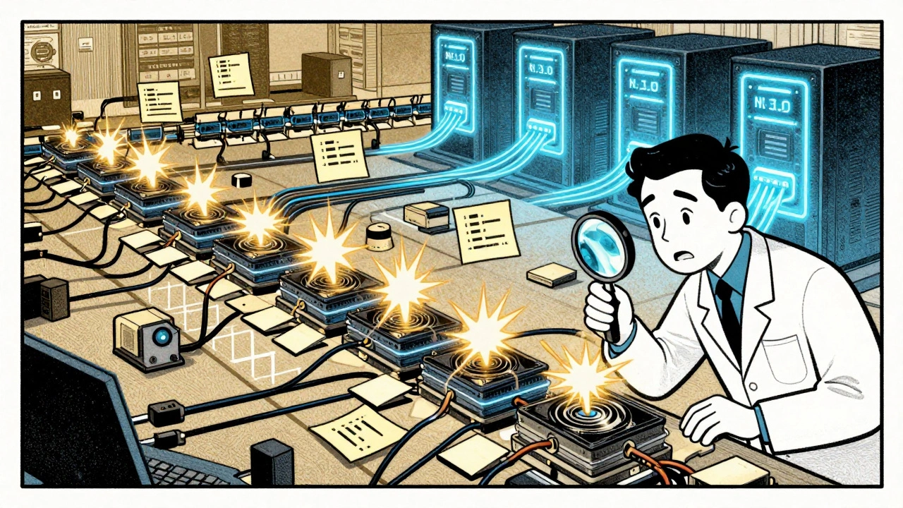 Technician tracing errors through a 64-stage AI pipeline with floating checkpoints, risograph cartoon style.