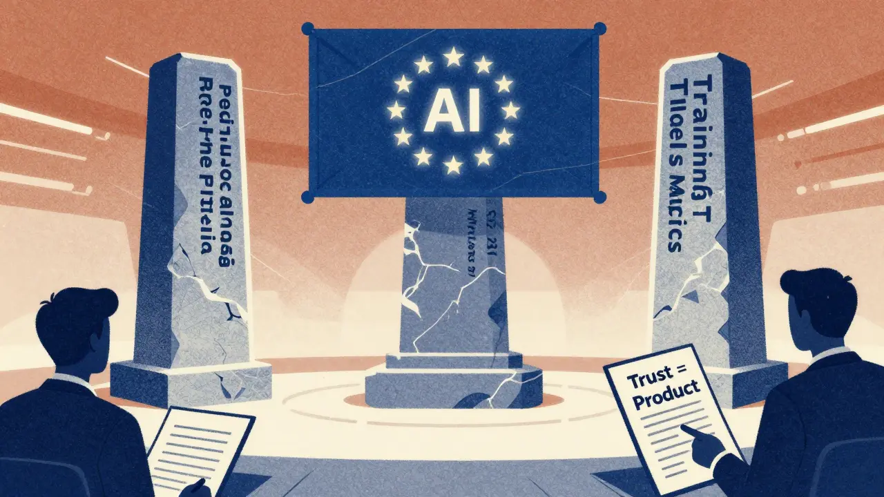 Three pillars of hallucination monitoring stand under the EU AI Act banner in a compliance room.