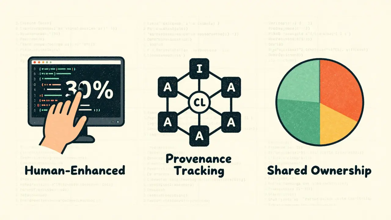 Three stylized icons representing human-edited code, blockchain code tracking, and shared ownership pie chart.