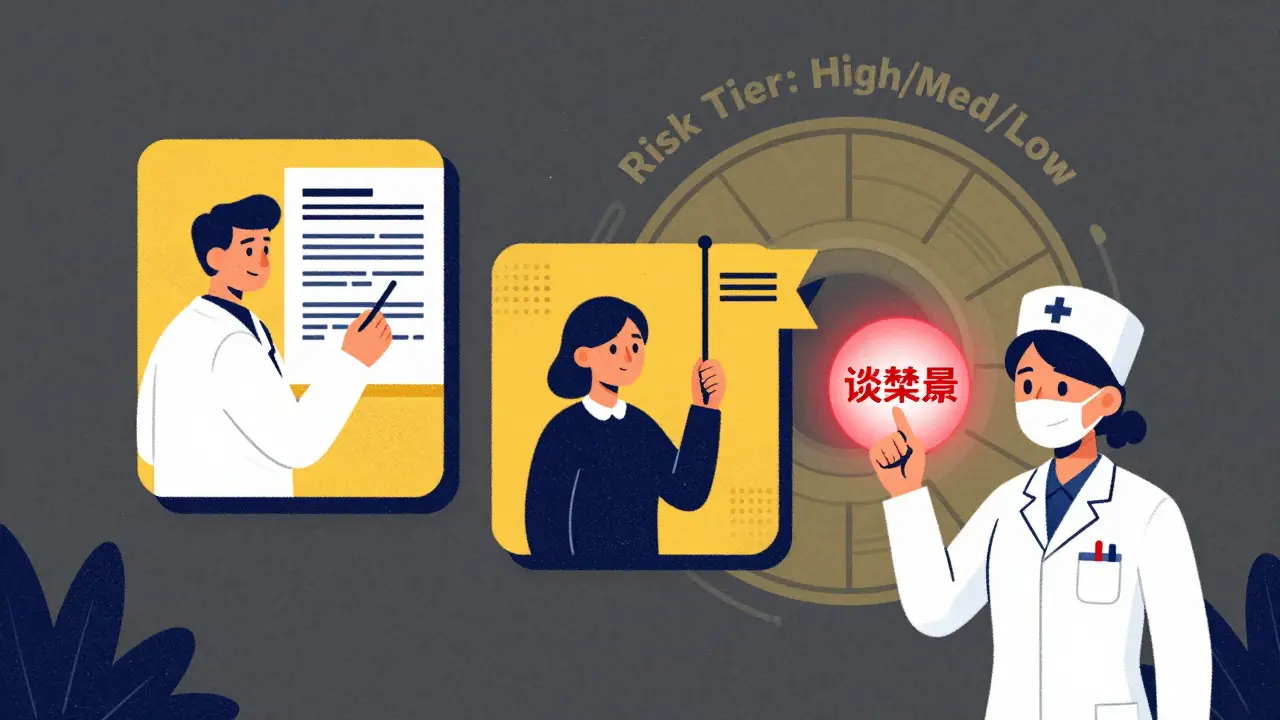 A dashboard showing domain experts reviewing high-risk AI outputs with risk-tier icons.