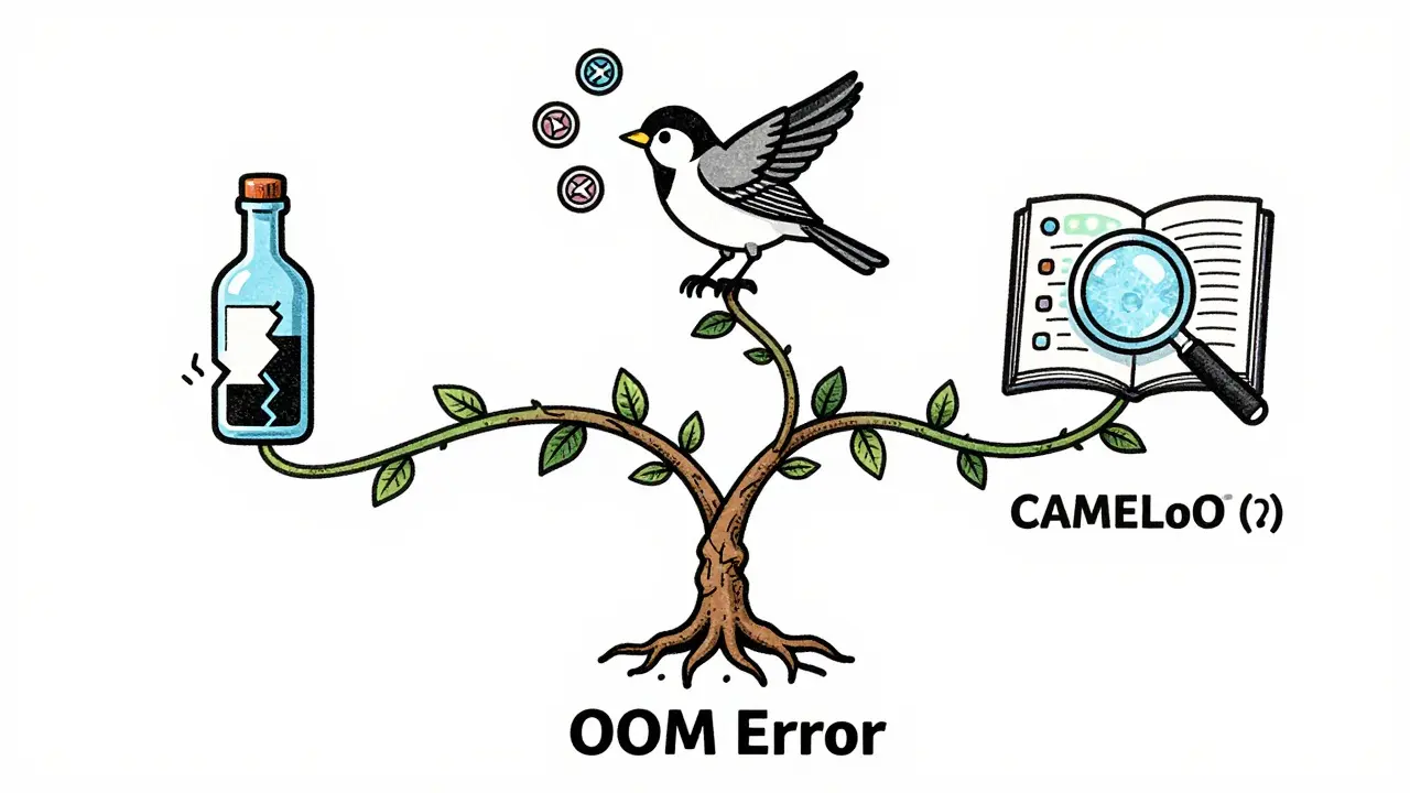 A decision tree vine with icons representing memory optimization techniques, growing from an OOM Error root in risograph style.