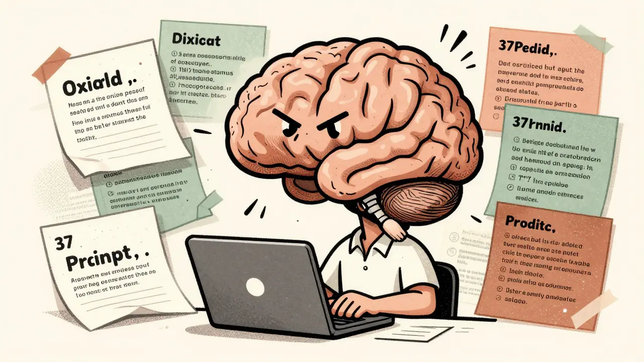 A developer surrounded by dozens of slightly altered prompts, each yielding different AI outputs.