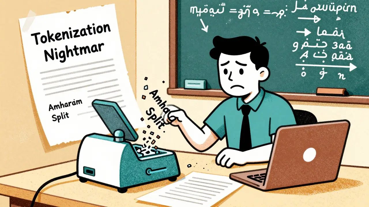 A developer surrounded by fragmented language tokens, struggling with a broken tokenizer machine.