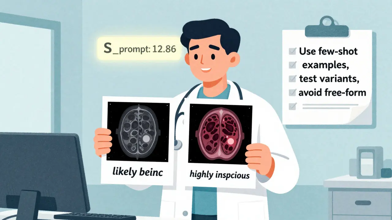 A doctor compares two contradictory AI diagnoses for the same medical image, highlighting prompt sensitivity.