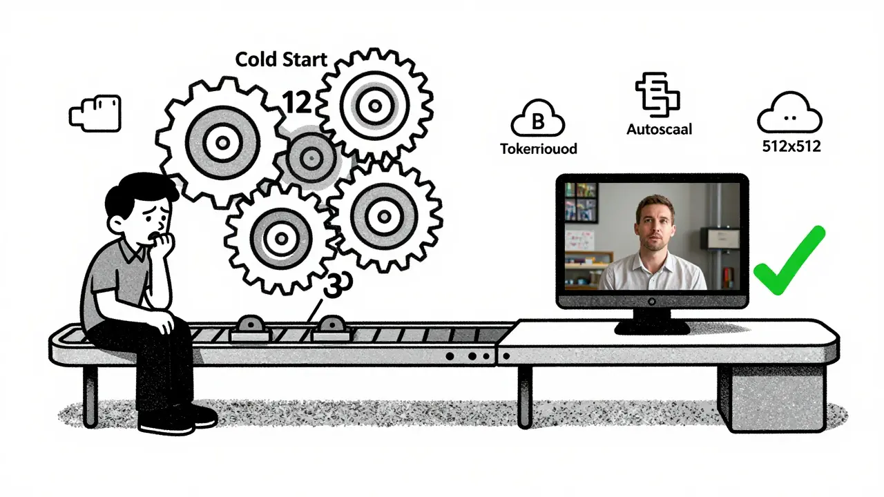 A frustrated customer waiting 12 seconds for video processing vs. a fast 3-second image response with optimized icons.
