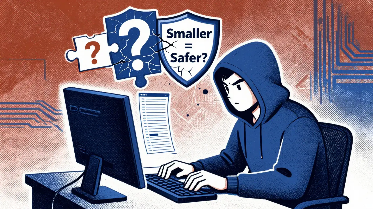 A hacker extracts private data from a tiny LLM on screen, with a cracked 'Smaller = Safer?' shield above, in risograph style.