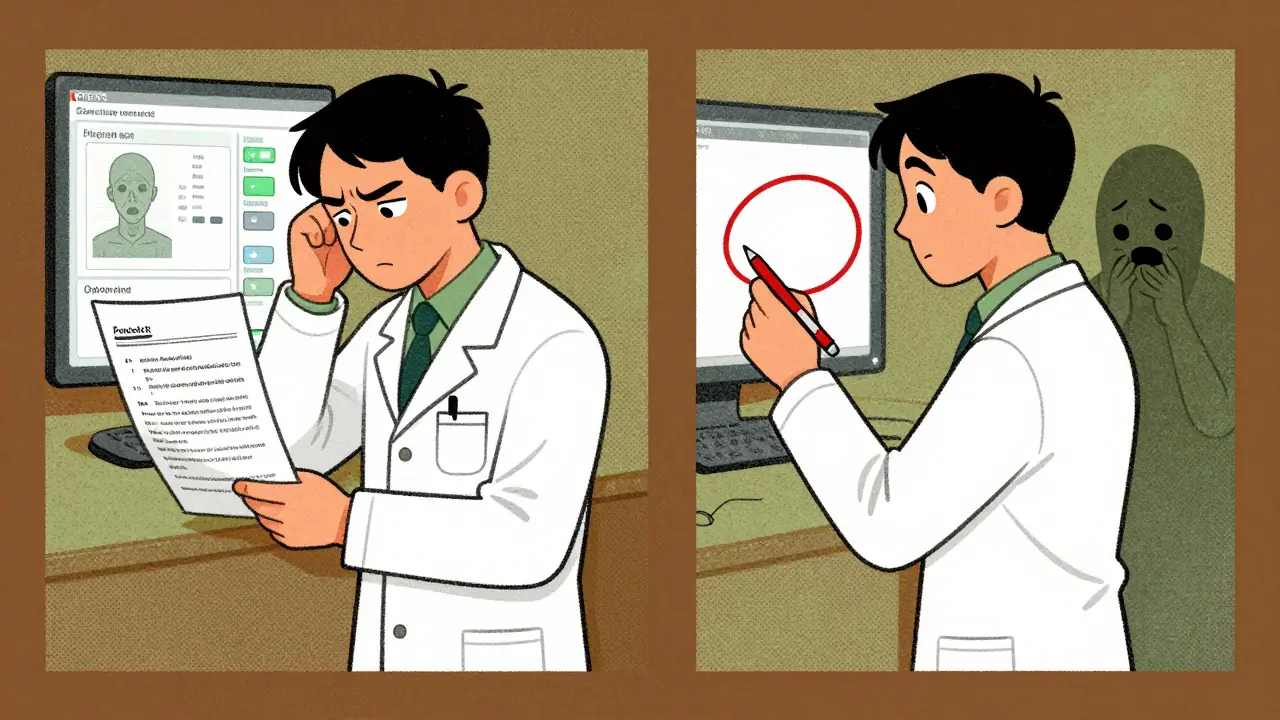 A medical coder spots an AI error about a dangerous drug test for an allergic patient.