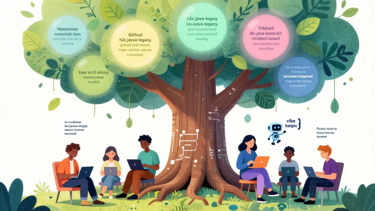 A tree made of GitHub and Discord elements, with fine-tuned AI models as leaves, and developers gathering beneath it.