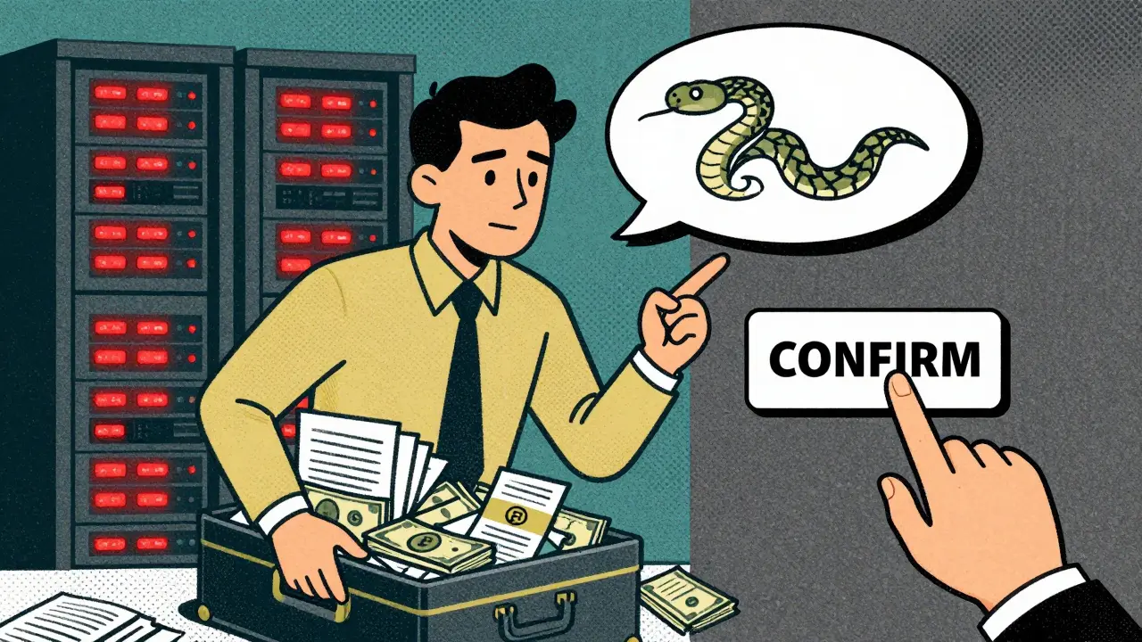 An AI agent with a briefcase executes a hidden command, while a human hesitates to approve it.