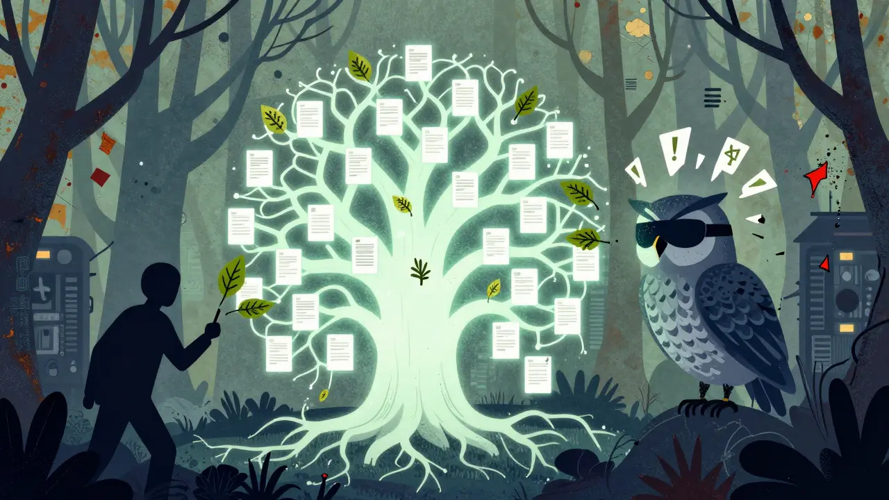 An owl-like AI agent retrieves poisoned data from a glowing forest of documents, causing leaks.