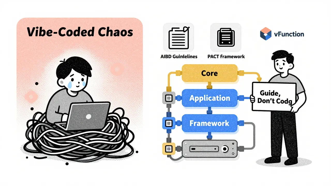 Before-and-after panel: chaotic code vs. clean modular system with interfaces and tools.