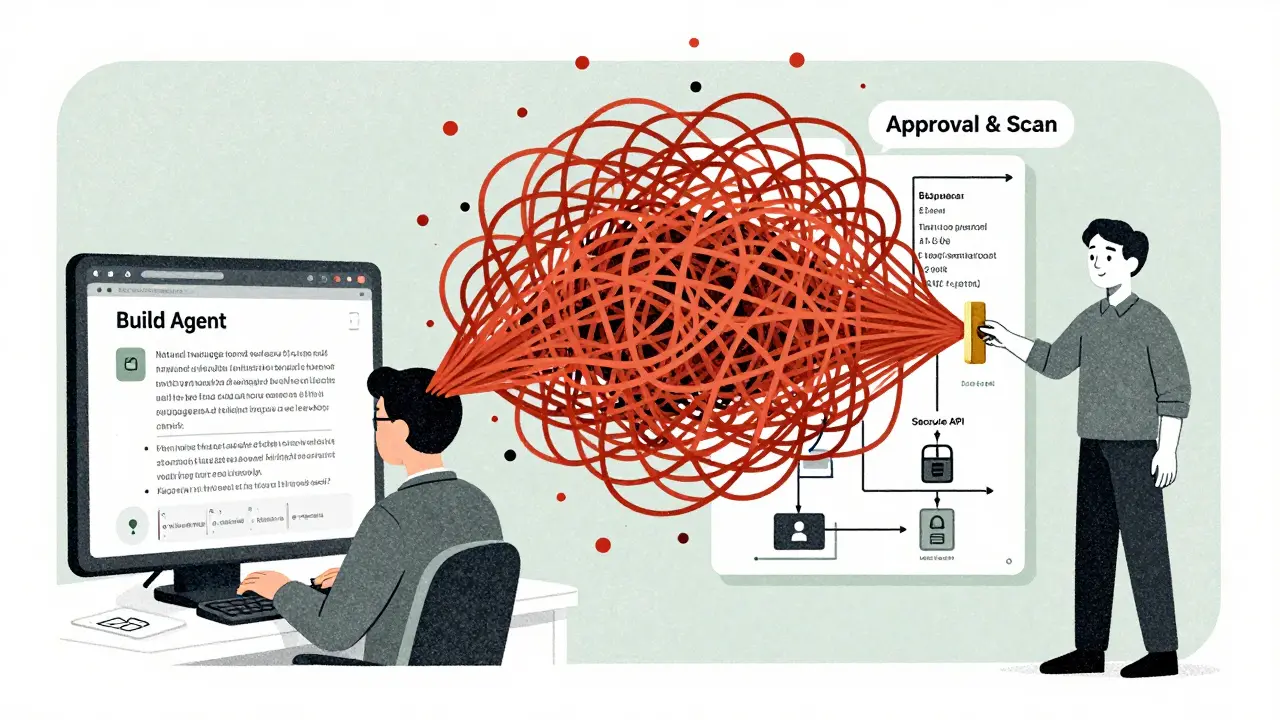 Business analyst prompting AI on one side, while chaotic code is tamed by approval and scanning filters on the other.