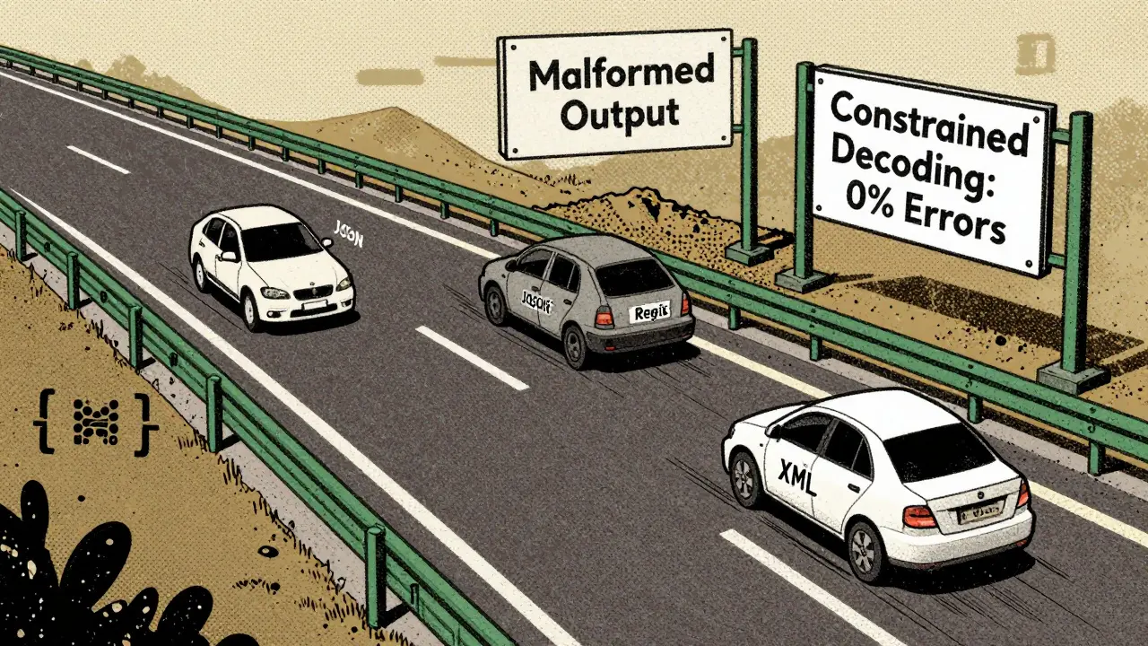 Cars on a highway staying within schema guardrails, avoiding malformed output pit