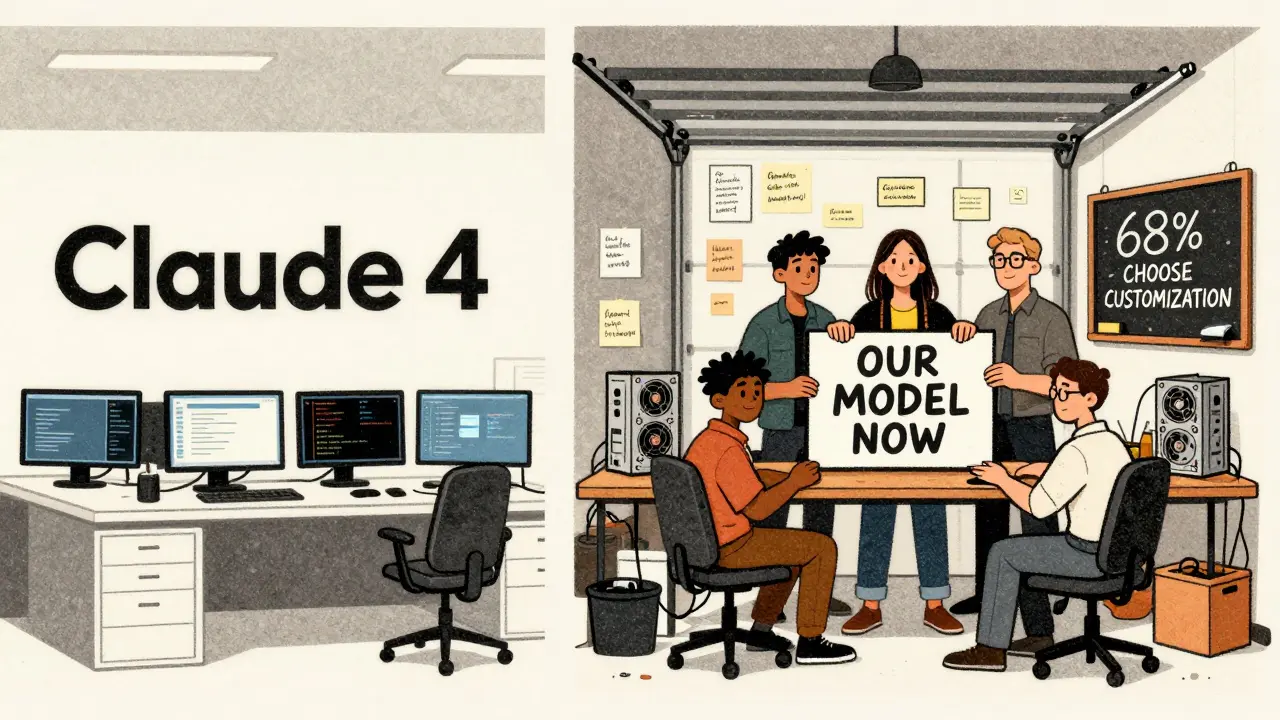 Contrast between corporate AI use and grassroots open-source development in a workshop setting.