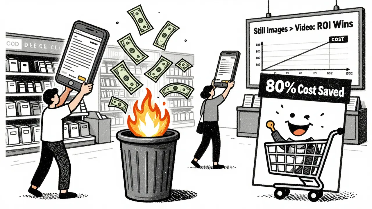 Customers uploading videos that burn into cash waste vs. a simple photo leading to savings, with a 'Still Images > Video' sign.