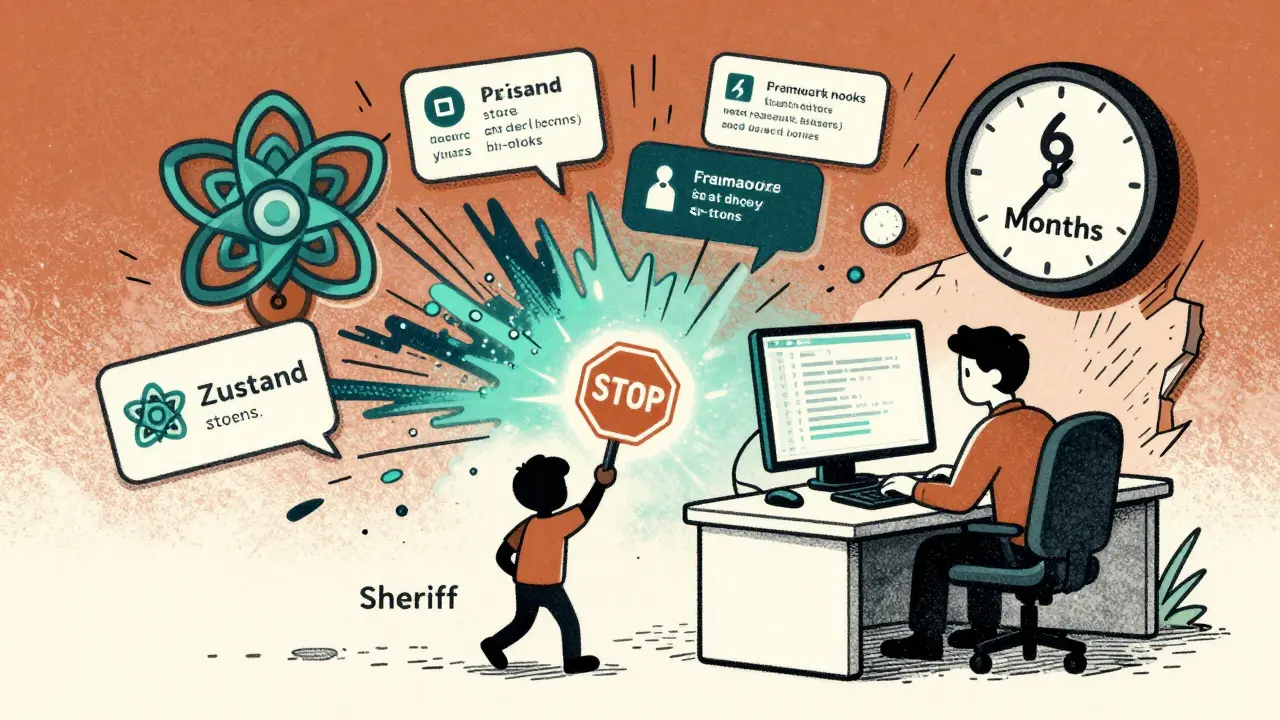 Developer surrounded by chaotic framework code, Sheriff blocking violations with a stop sign.