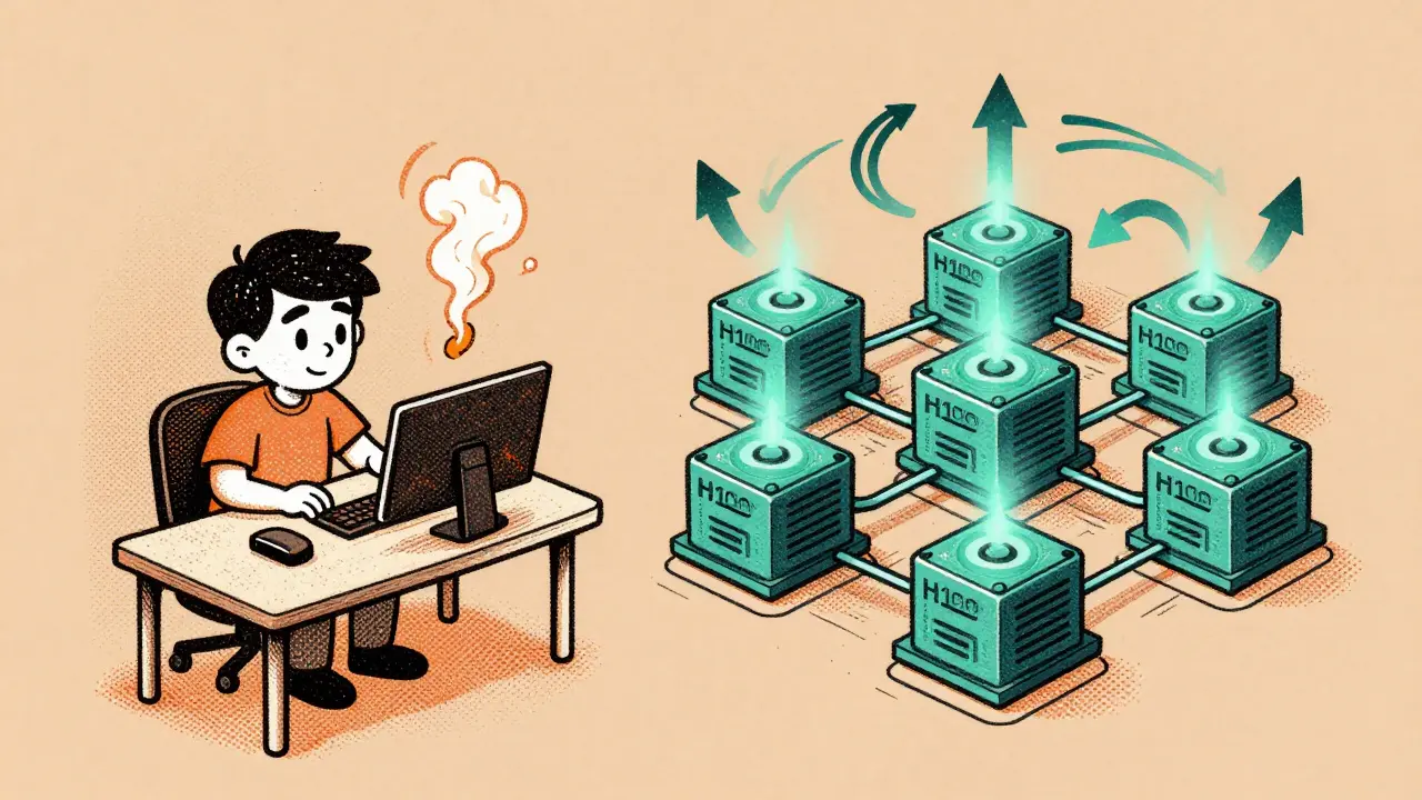 Developer with overheating consumer GPU vs efficient Kubernetes cluster in risograph illustration