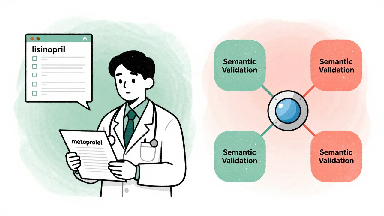 Doctor comparing patient chart with AI summary showing wrong drug name