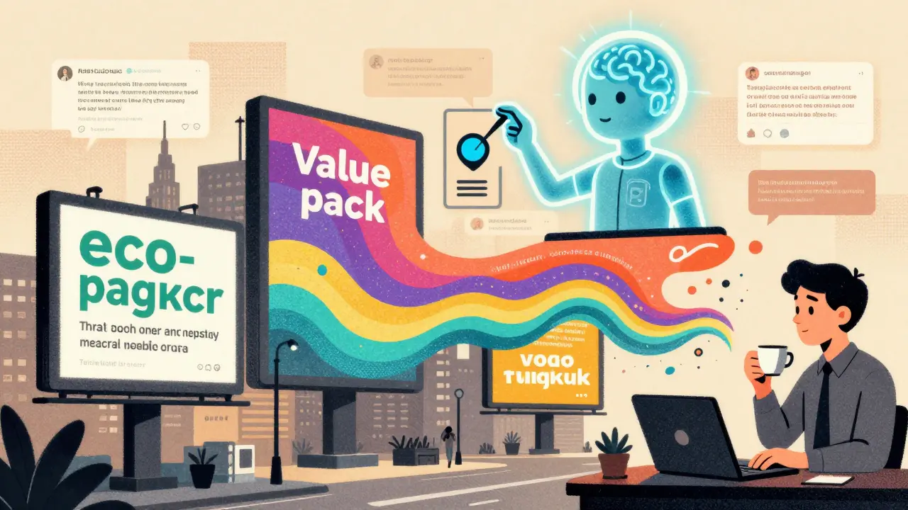 Dynamic cityscape with AI-driven ads changing in real time, marketer observing calmly in risograph aesthetic.